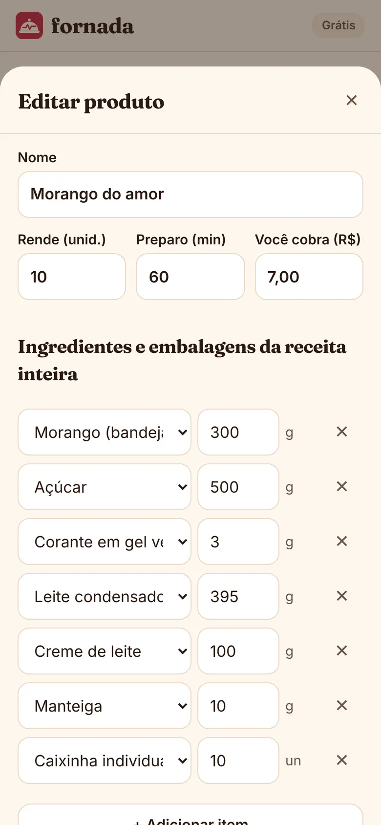 Tela de produto com ingredientes, rendimento e tempo de preparo